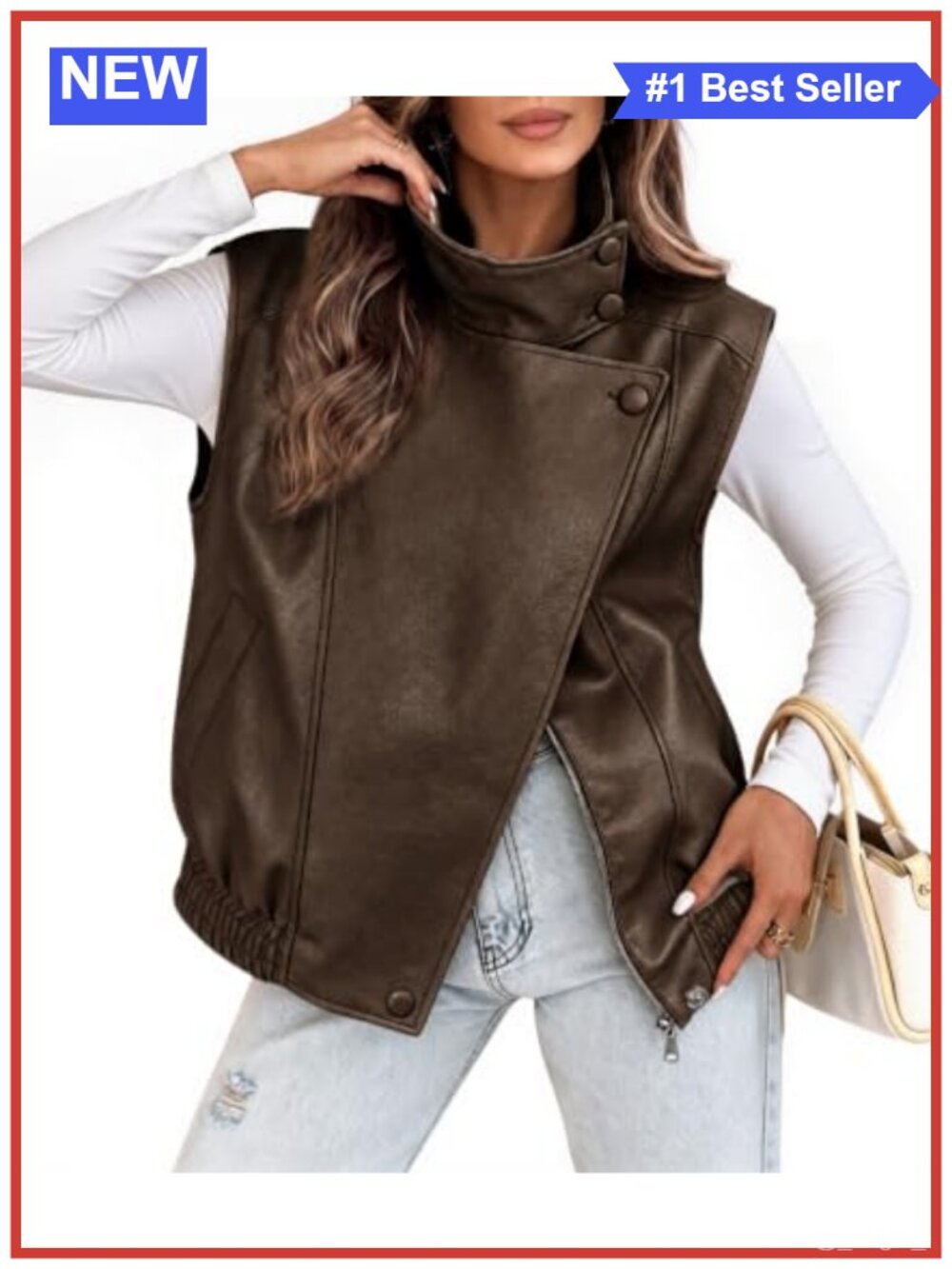 Oversized Faux Leather Vest Stand Collar Sleeveless Jacket